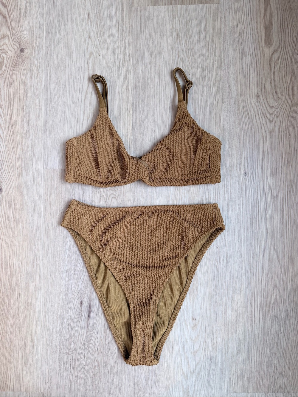 Good American Textured High-Waist Bikini Set in Caramel Brown